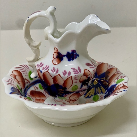 19th Century Antique Gaudy Welsh Grape Pattern Miniature Jug Pitcher & Bowl - Picture 3 of 16